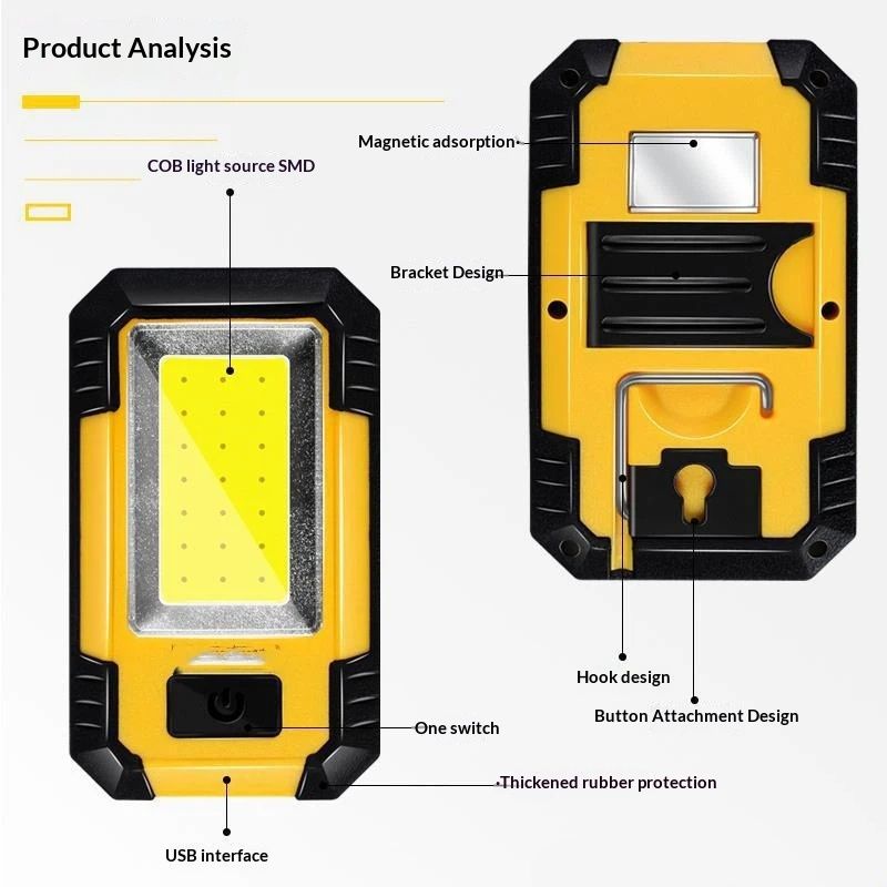 LED Work Light Rechargeable, Magnetic COB Portable Worklights, 30w Lumens, Job Site Lighting for Car Repairing,Camping,Hunting (Yellow)