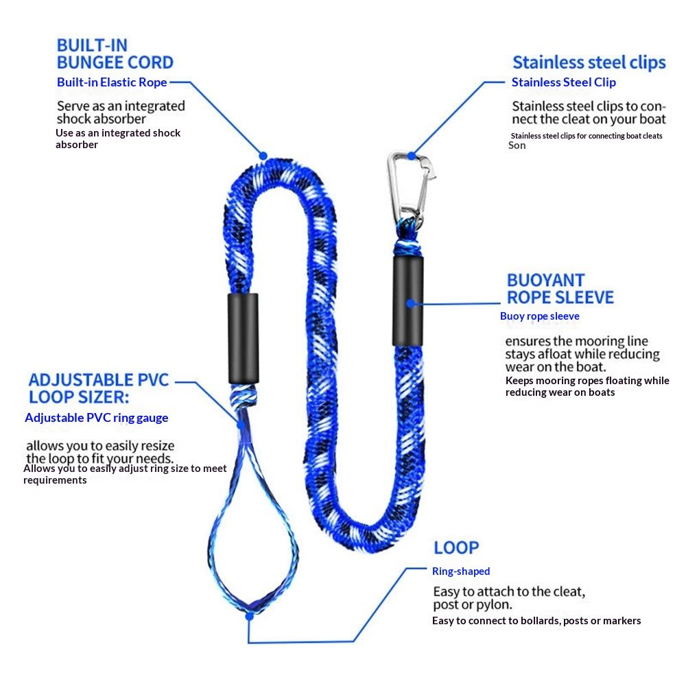 Bungee Dock Lines for Boats 4 ft, Heavy-Duty Elastic Anchor Rope with Hooks, Secure Boat Dock Lines, Jet Ski Mooring  Tie Downs (Blue,Black&White, 2 Pack)