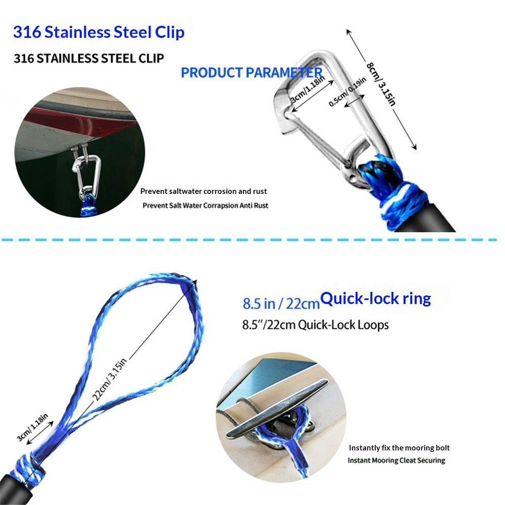 Bungee Dock Lines for Boats 4 ft, Heavy-Duty Elastic Anchor Rope with Hooks, Secure Boat Dock Lines, Jet Ski Mooring  Tie Downs (Blue,Black&White, 2 Pack)