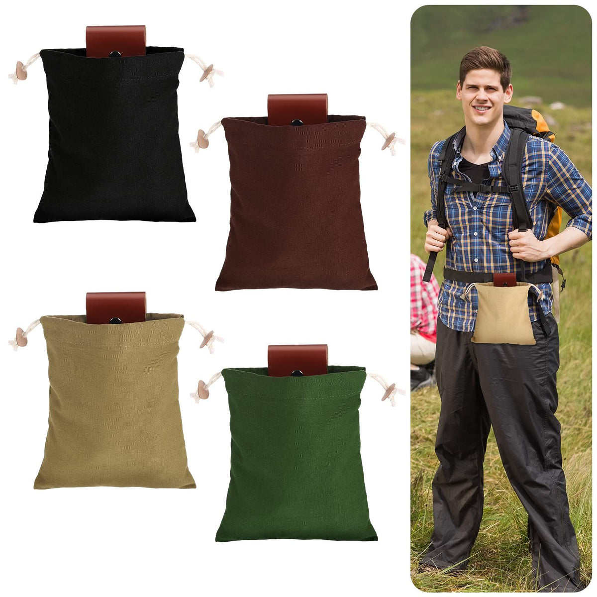Foraging Bag 4 Pcs Canvas Waxed Foraging Pouch Mushroom Bags Collapsible Bushcraft Leather Pu Hunting Belt Bag Hiking Pouch for Outdoor Traveling Camping
