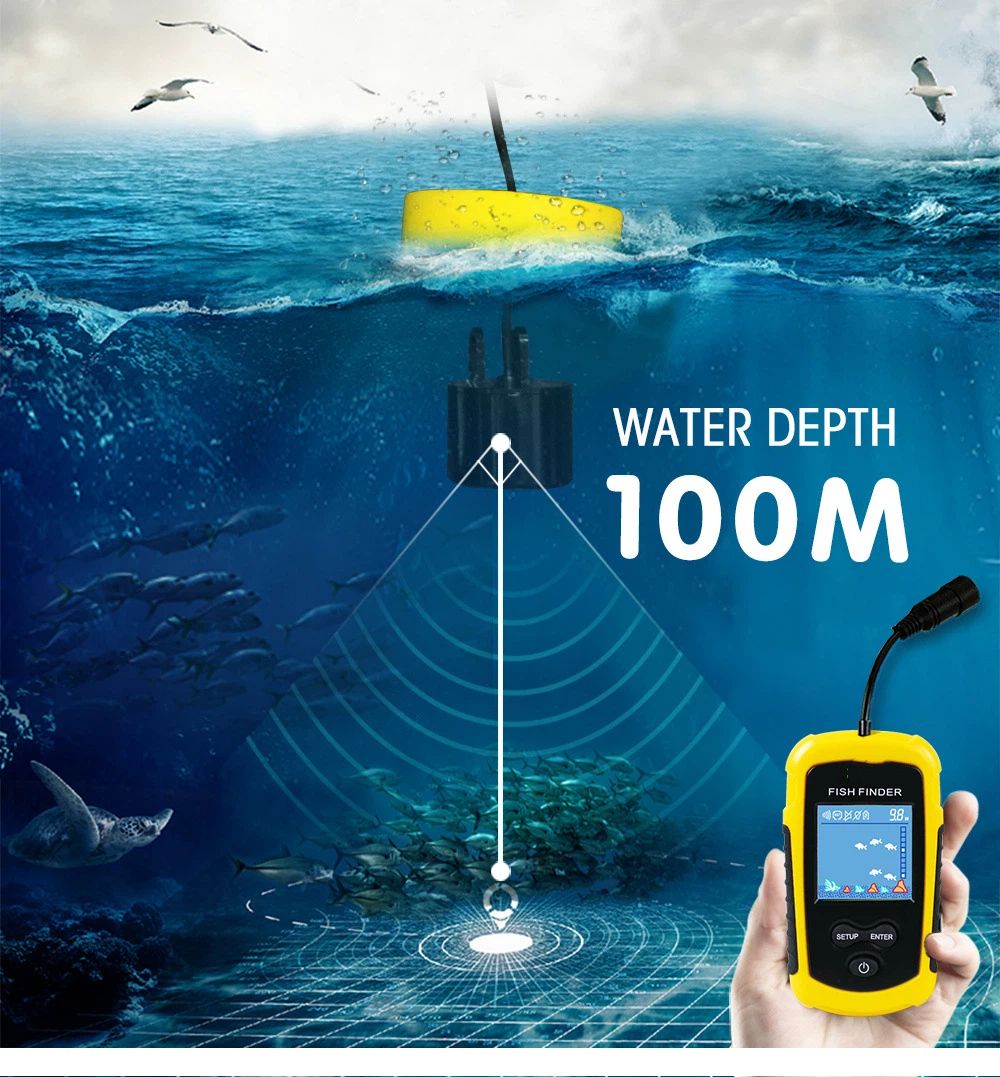 Portable Fish Depth Finder Water Handheld Fish Finder Sonar Castable Kayak Boat Fishfinder Transducer Fishing LCD Display （23*6.5cm)