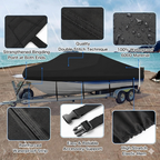 Trailerable Boat Cover – 600DHeavy Duty Waterproof Tarp with Storage Bag, Designed for V-Hull, Fish & Ski, Runabout, Bass & Fishing Boats,14-16FTBlack
