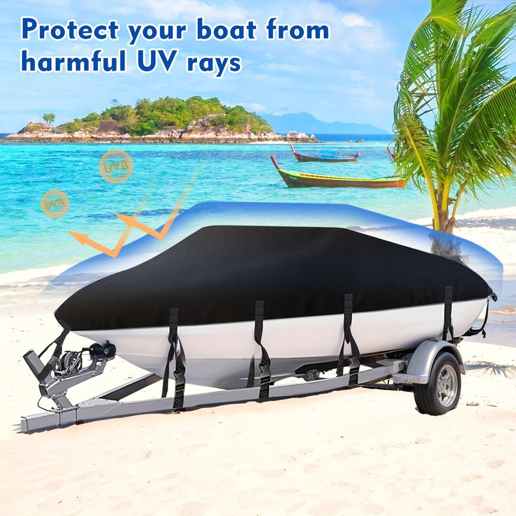 Trailerable Boat Cover – 600DHeavy Duty Waterproof Tarp with Storage Bag, Designed for V-Hull, Fish & Ski, Runabout, Bass & Fishing Boats,17-20FTSilver