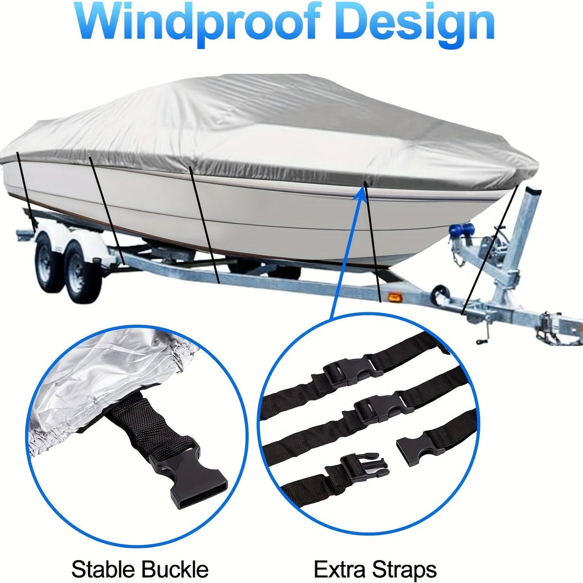 Trailerable Boat Cover – 600DHeavy Duty Waterproof Tarp with Storage Bag, Designed for V-Hull, Fish & Ski, Runabout, Bass & Fishing Boats,20-22FTSilver