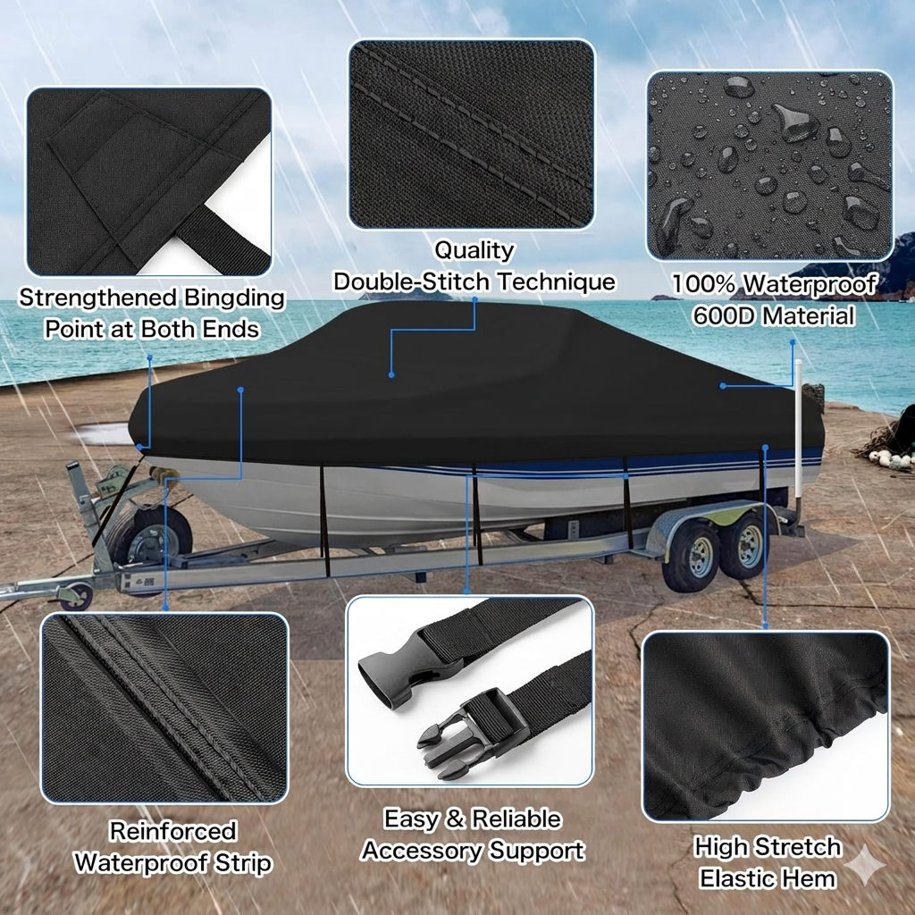 Trailerable Boat Cover – 600DHeavy Duty Waterproof Tarp with Storage Bag, Designed for V-Hull, Fish & Ski, Runabout, Bass & Fishing Boats,21-24FTBlack