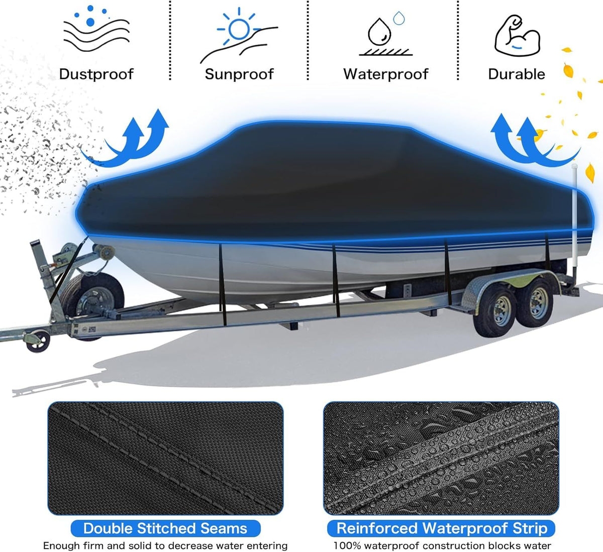 Trailerable Boat Cover – 600DHeavy Duty Waterproof Tarp with Storage Bag, Designed for V-Hull, Fish & Ski, Runabout, Bass & Fishing Boats,21-24FTSilver