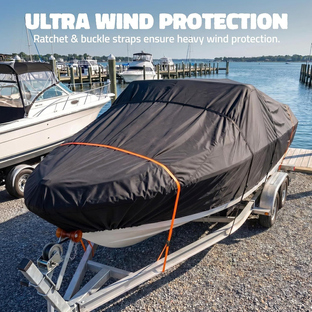 600D Heavy Duty Waterproof Boat Cover, Black, 20-22FT, 700*254cm