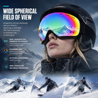 Ideal Winter Ski Gear UV400 Anti-Fog, Black Frame, Mercury Coating Lens + Black White Strap