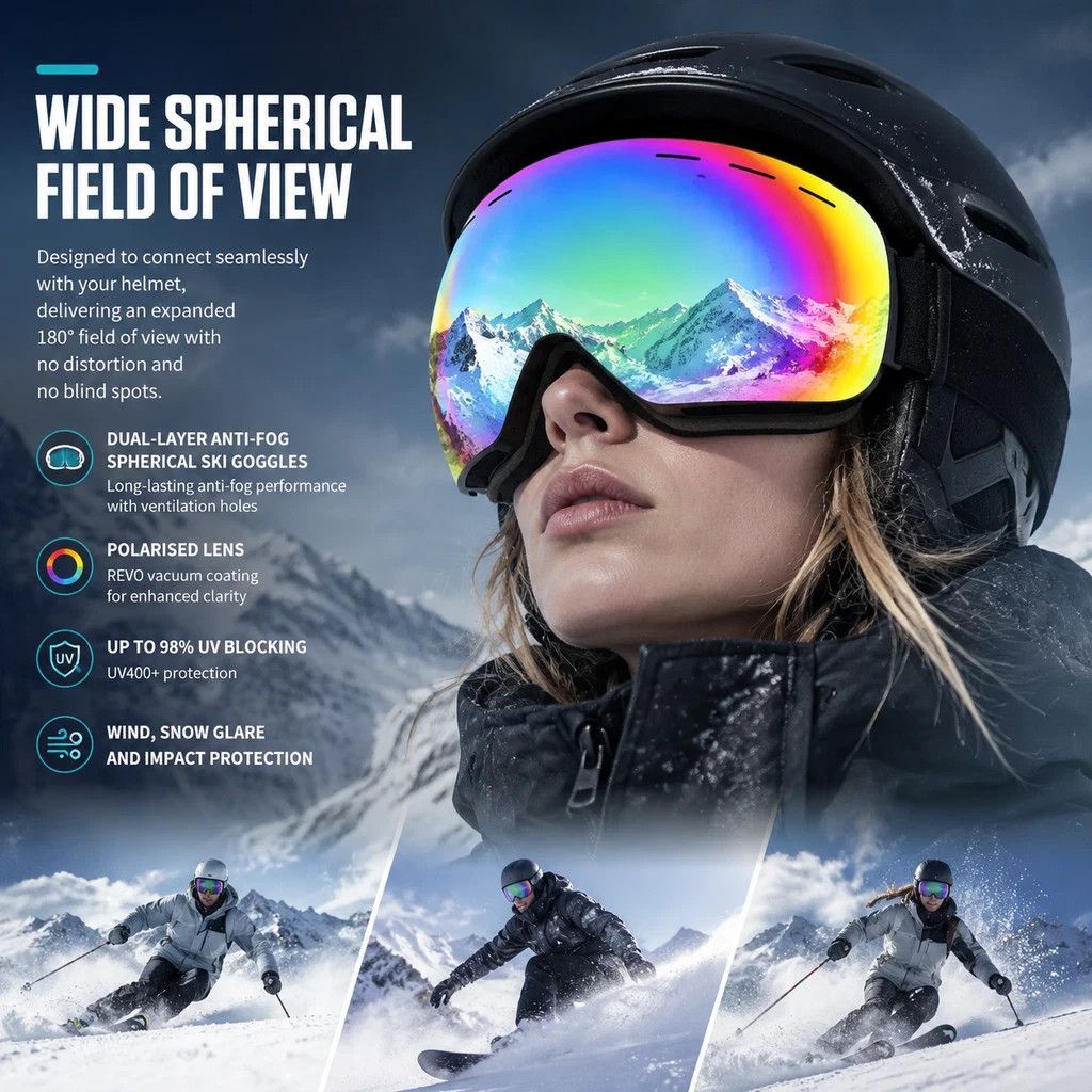 Ideal Winter Ski Gear UV400 Anti-Fog, Black Frame, Mercury Coating Lens + Black White Strap