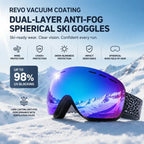 Ideal Winter Ski Gear UV400 Anti-Fog, Black Frame, Mercury Coating Lens + Black White Strap