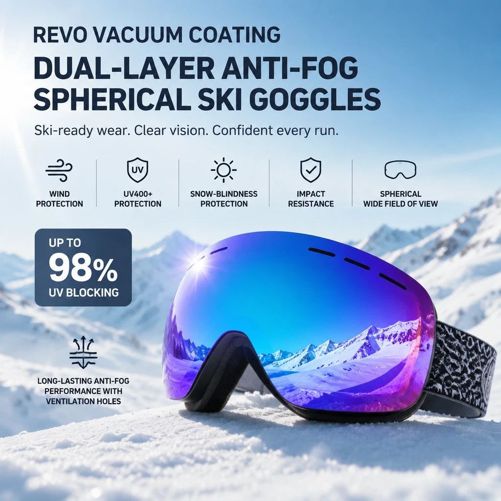 Premium Anti-Fog Ski Eyewear UV400, Black Frame, Black Coating Lens + Striped Black White Strap