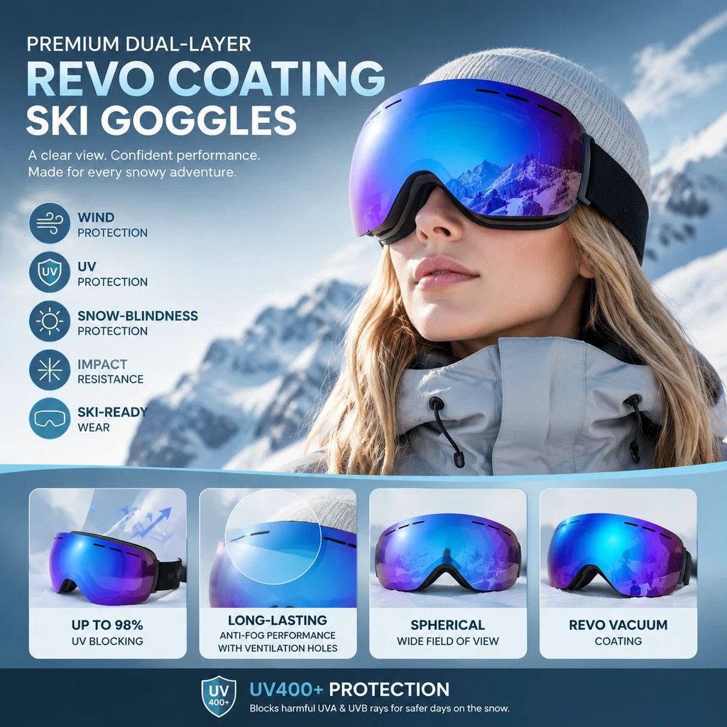 Premium Anti-Fog Ski Eyewear UV400, Black Frame, Black Coating Lens + Striped Black White Strap