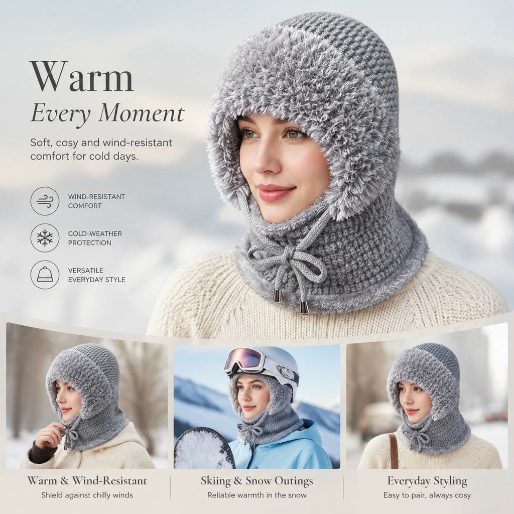 Multi-Use Fleece Knit Hat With Attached Neck Mask Grey One Size, Versatile Headwear For Ski Trips & Casual Styling