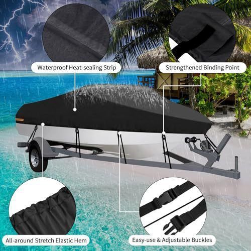 190T Polyester Taffeta V-Hull Boat Cover, Outdoor Dust, Sun & Rain Protection Yacht Protective Cover, Black, Fits 11-13FT, 420cm*270cm, Reliable Marine Storage Shield
