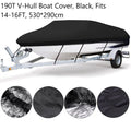 190T Polyester Taffeta V-Hull Boat Cover, Weather Resistant Outdoor Yacht Shield Against UV & Moisture, Black, Fits 14-16FT, 530cm*290cm, Long Term Vessel Protection