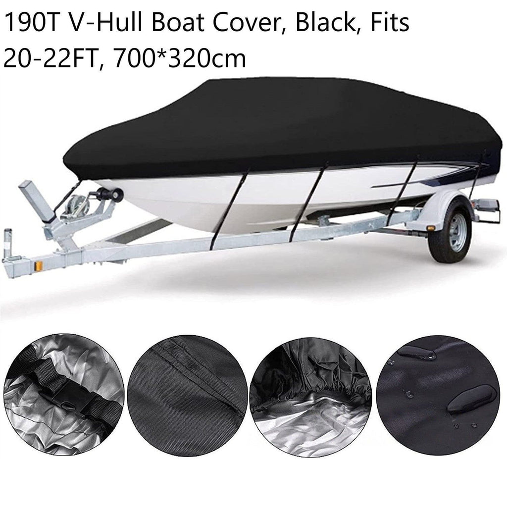 190T Polyester Taffeta V-Hull Boat Cover, Outdoor Waterproof Sun Shield For Yacht, Dust Resistant Hull Protector, Black, Fits 20-22FT, 700cm*320cm, Suitable For Open Air Storage