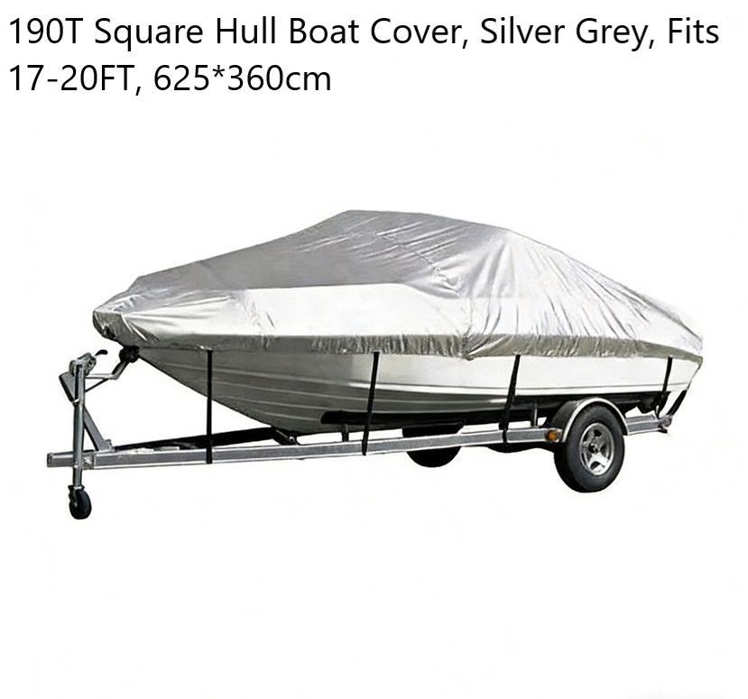 190T Polyester Taffeta Square Hull Boat Cover, Outdoor Weatherproof Boat Protective Cover, Silver Grey, Fits 17-20FT, 625cm*360cm, Convenient For Outdoor Berthing