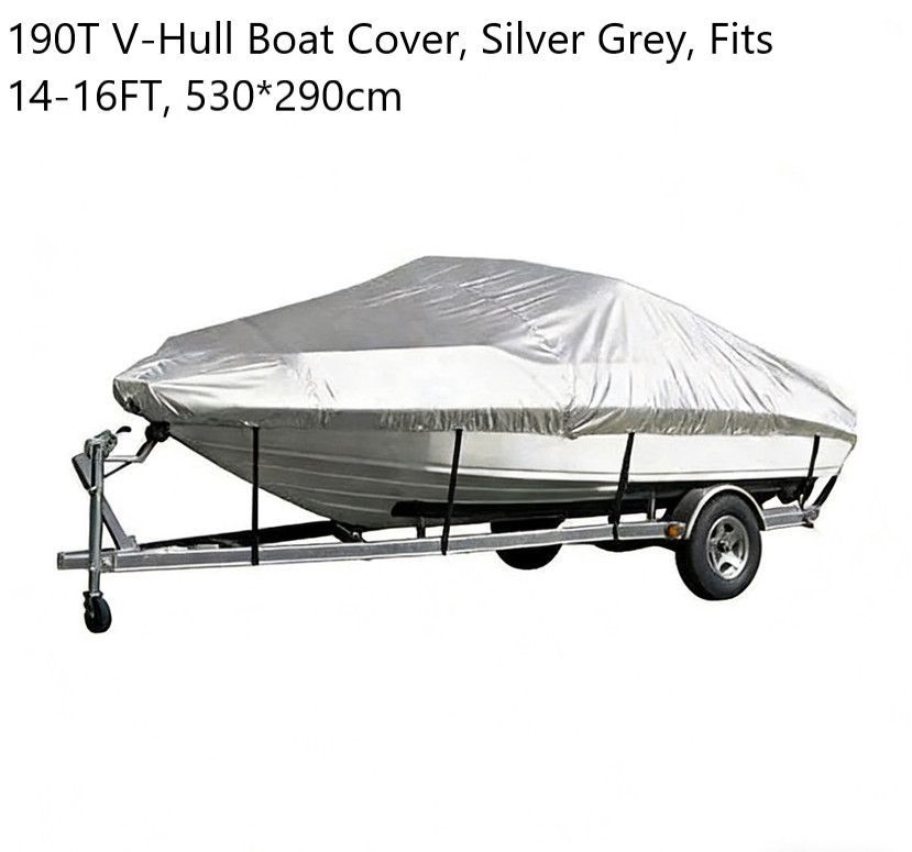 190T Polyester Taffeta V-Hull Boat Cover, All Weather Outdoor Marine Cover Blocks UV & Rain, Silver Grey, Fits 14-16FT, 530cm*290cm, Popular Vessel Storage Shield