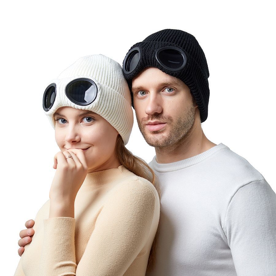 Thick Warm Knitted Skull Cap With Attached Windproof Goggles, Upgraded Outdoor Beanie, Vibrant Red One Size