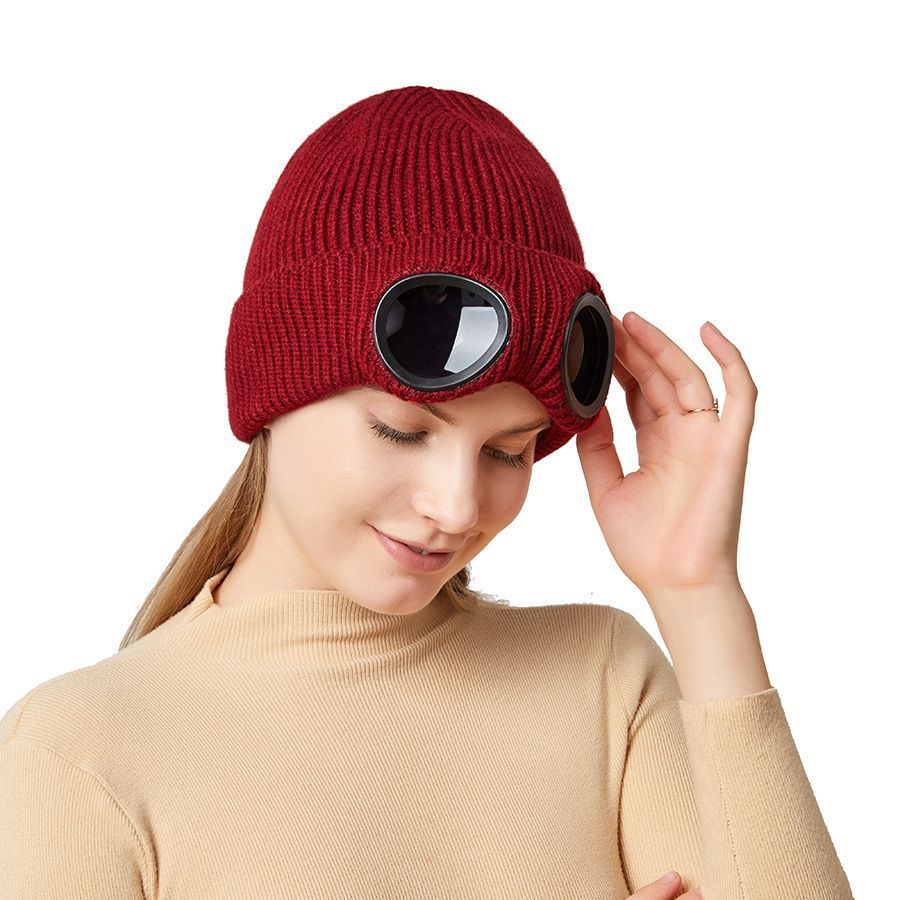 Thick Warm Knitted Skull Cap With Attached Windproof Goggles, Upgraded Outdoor Beanie, Vibrant Red One Size