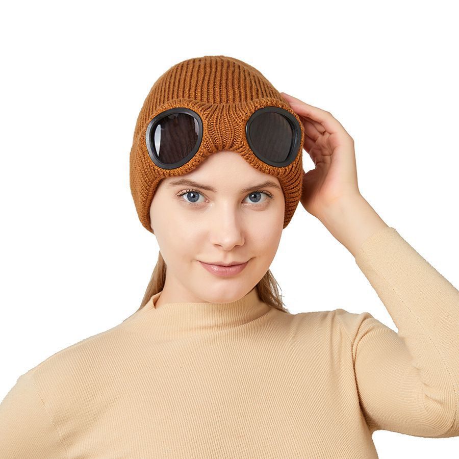 Thick Warm Knitted Skull Cap With Attached Windproof Goggles, Upgraded Outdoor Beanie, Vibrant Red One Size