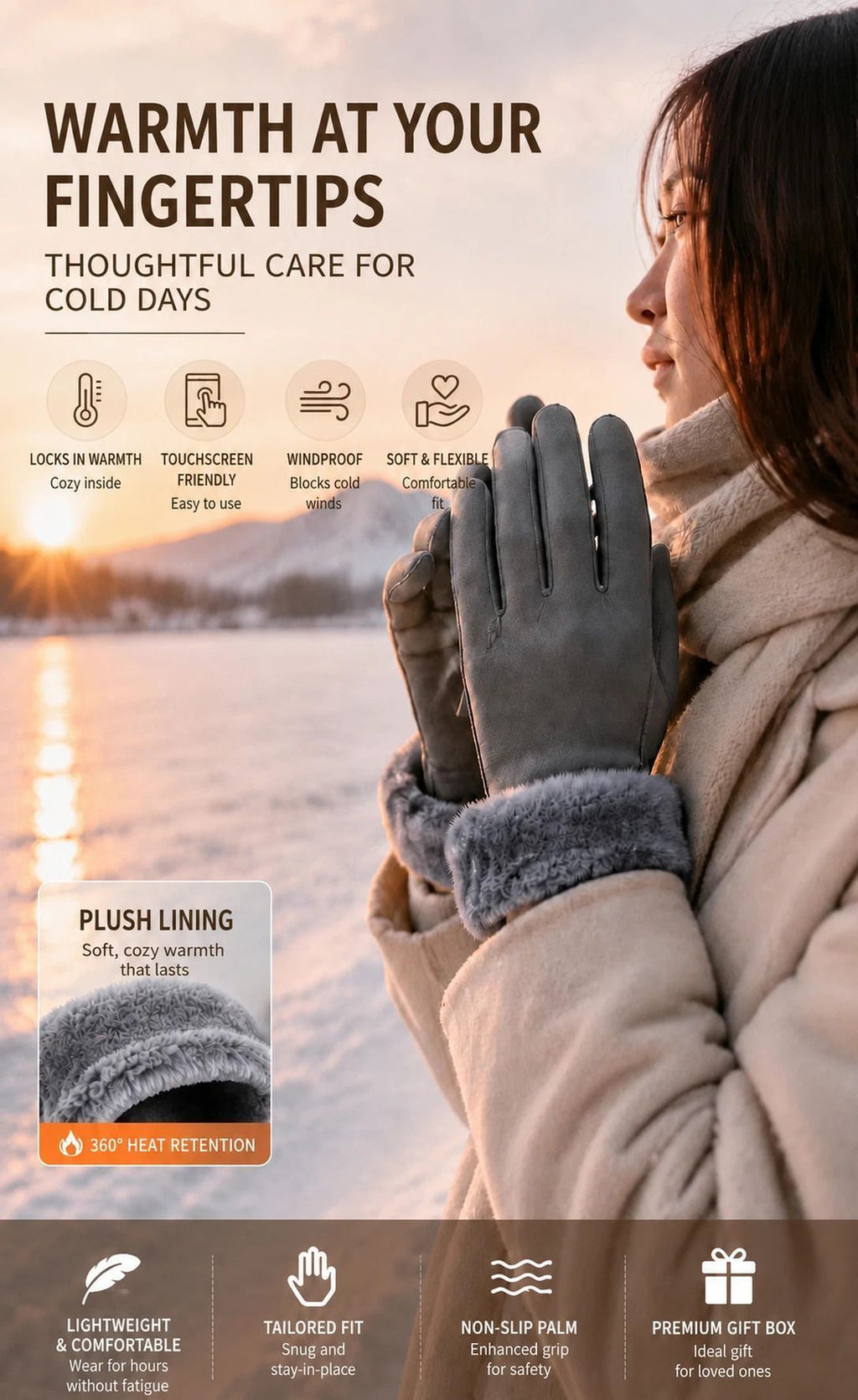 Light Pink Fur Cuff Women's Thermal Touch Screen Cycling Gloves