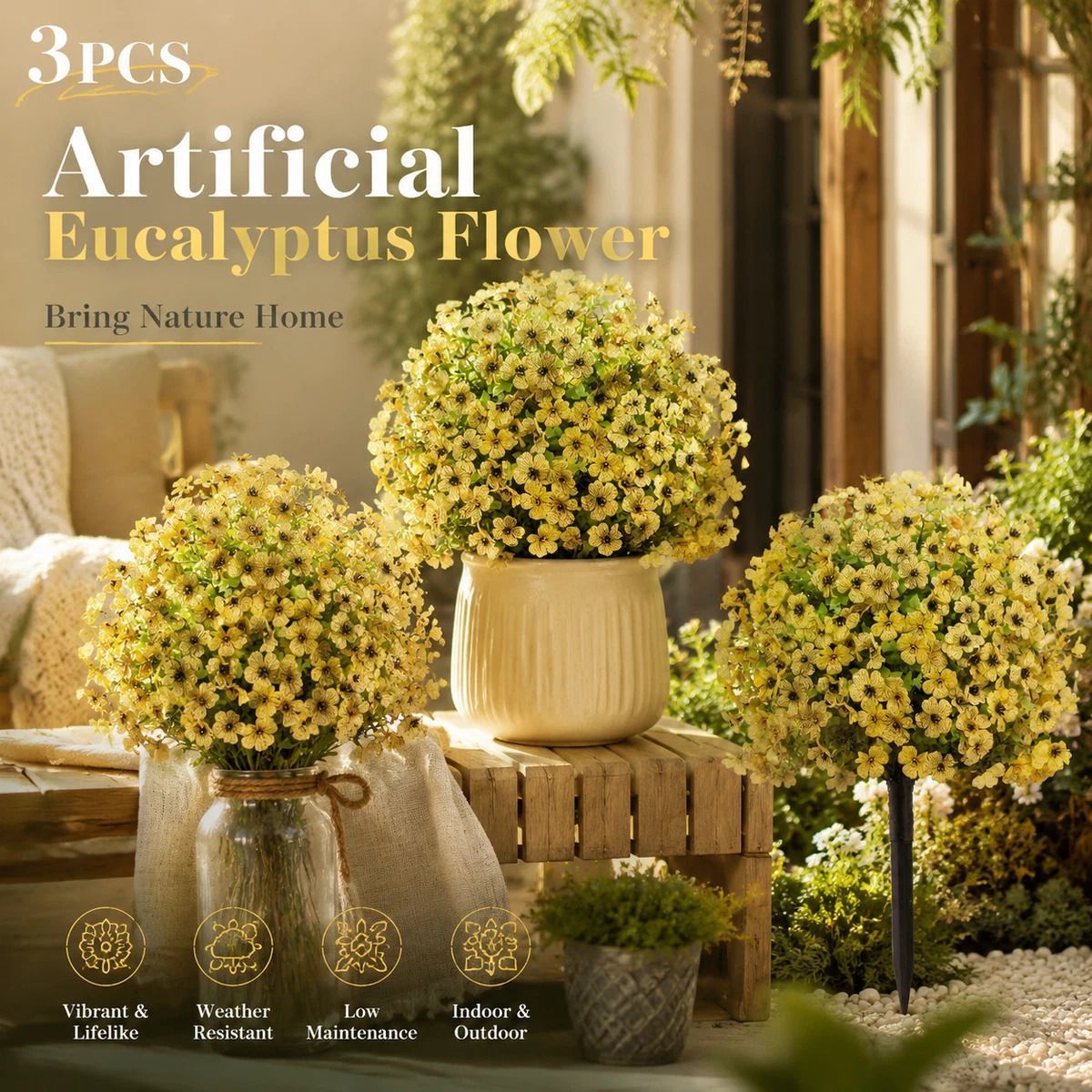 Soft Yellow Faux Eucalyptus Violet 3 Pack Outdoor Stake Interior Shooting Flower