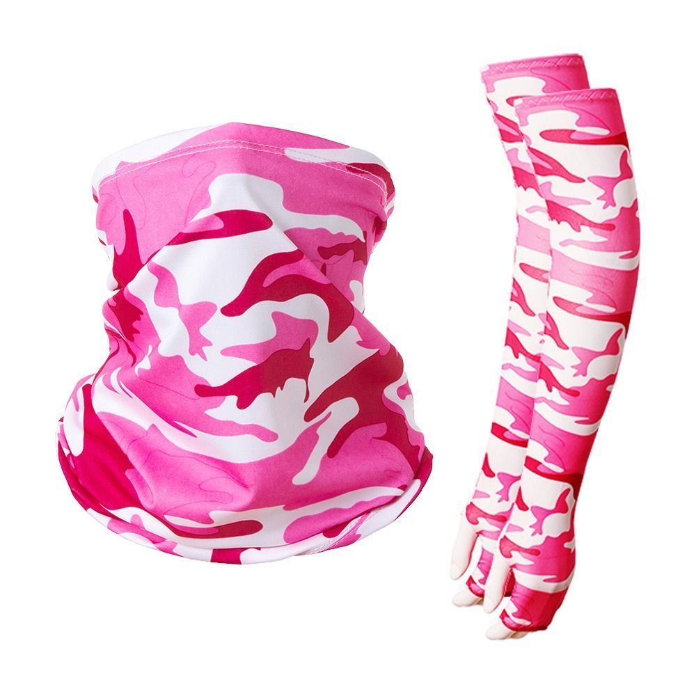 Rose Red Camo Statement Sun Guard Set, Integrated Sun Sleeves Gloves Neck Tube, Eye‑Catching For Outdoor Photo Shooting, Christmas Outdoor Photography Supply, One Size, Camo Rose Red Mask, 2 Pcs