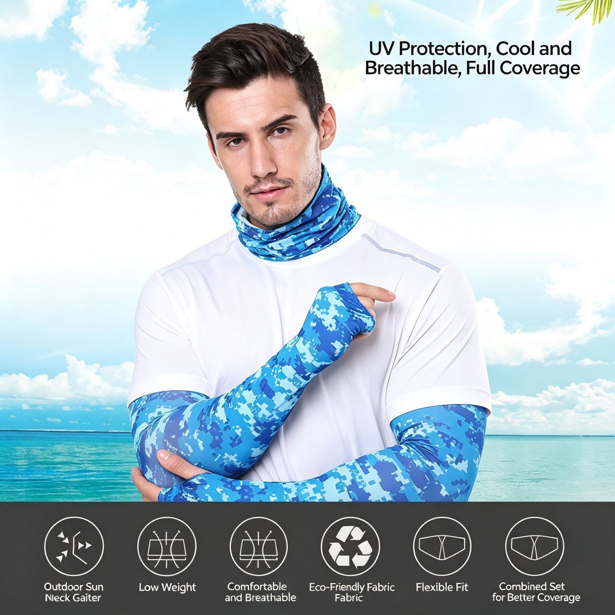 Rose Red Camo Statement Sun Guard Set, Integrated Sun Sleeves Gloves Neck Tube, Eye‑Catching For Outdoor Photo Shooting, Christmas Outdoor Photography Supply, One Size, Camo Rose Red Mask, 2 Pcs