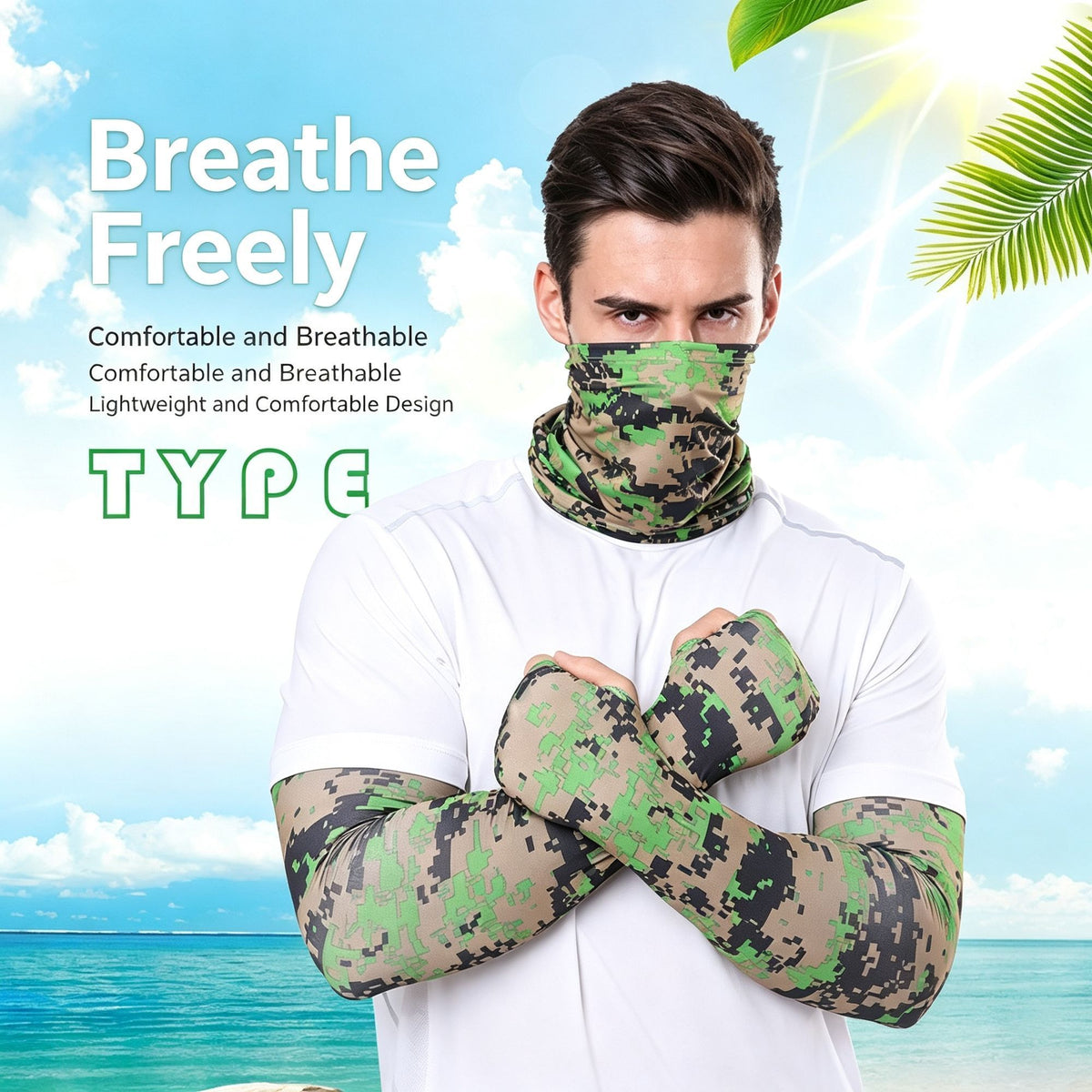 Rose Red Camo Statement Sun Guard Set, Integrated Sun Sleeves Gloves Neck Tube, Eye‑Catching For Outdoor Photo Shooting, Christmas Outdoor Photography Supply, One Size, Camo Rose Red Mask, 2 Pcs