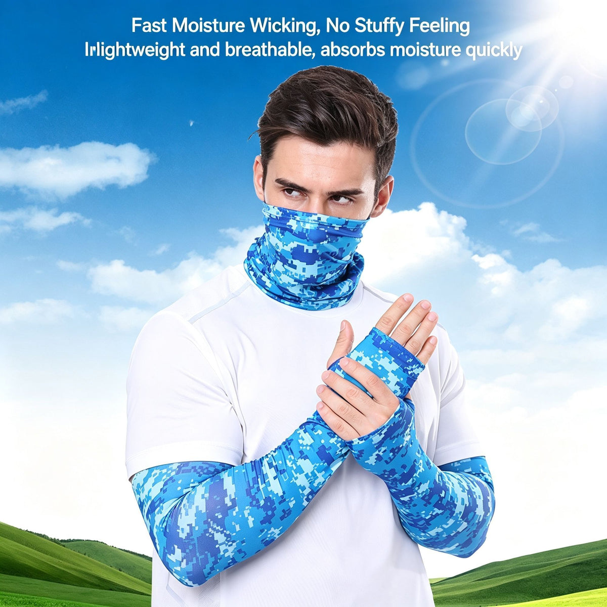 Low‑Key Grey Camo Sun‑Proof Kit, Breathable Ice Sleeves Gloves Neck Face Cover, Concealed Style For Outdoor Hunting Activity, Halloween Hunting Camping Gift, One Size, Light Grey Camo Mask, 2 Pcs