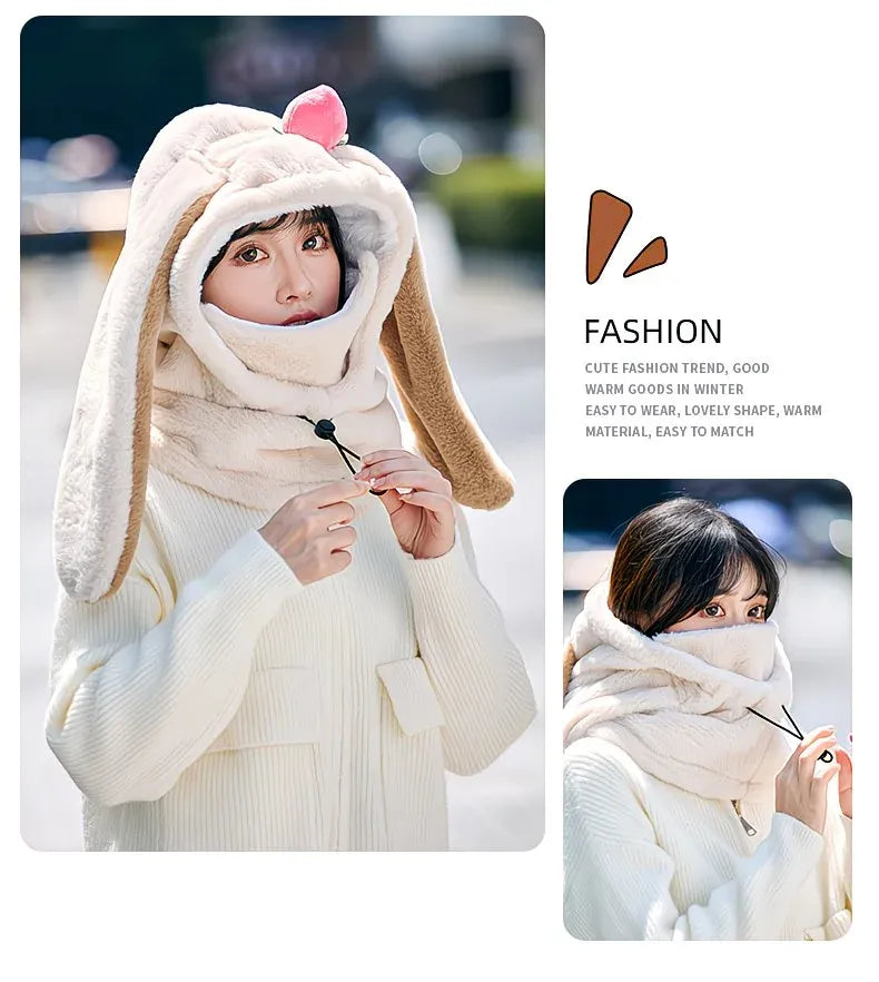 Cartoon Rabbit Ear Thermal Hat: Three-in-One Design, Cute and Warm, Perfect for Cycling and Skiing, Adorable All Winter Long!/beige