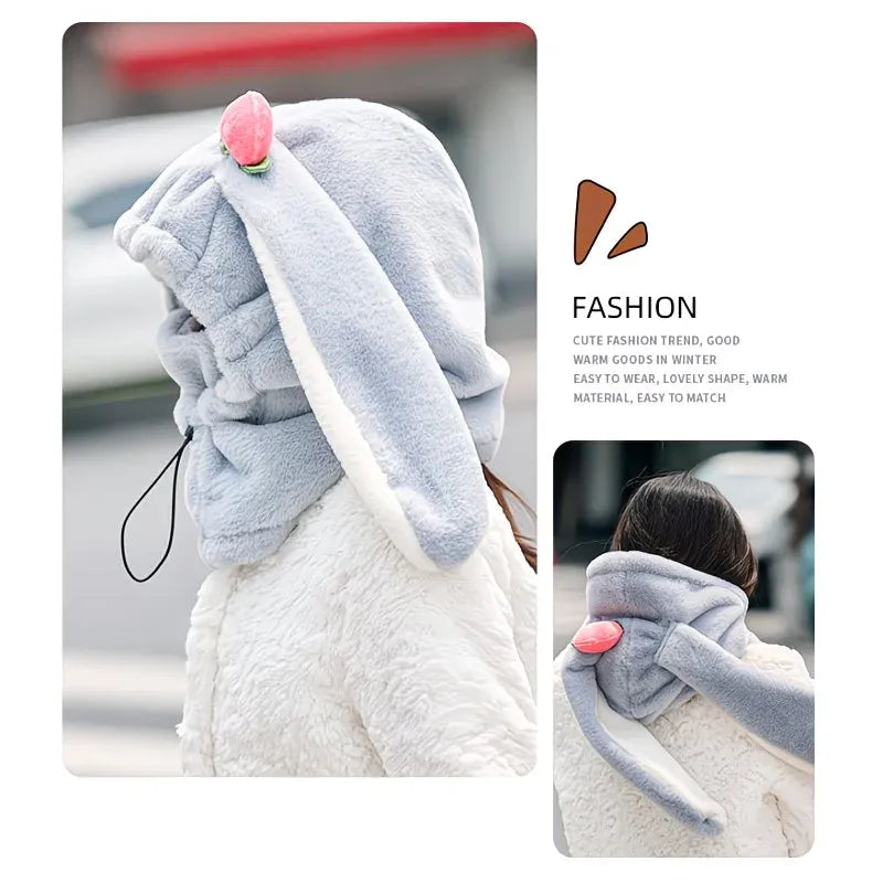 Cartoon Rabbit Ear Thermal Hat: Three-in-One Design, Cute and Warm, Perfect for Cycling and Skiing, Adorable All Winter Long!/beige