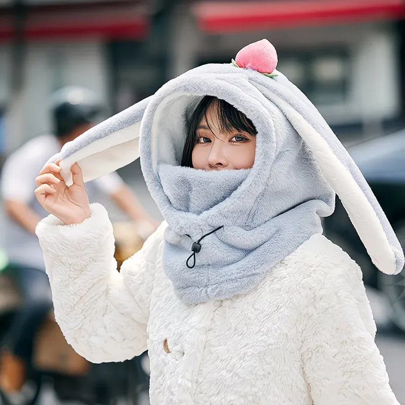 Cartoon Rabbit Ear Thermal Hat: Three-in-One Design, Cute and Warm, Perfect for Cycling and Skiing, Adorable All Winter Long!/beige