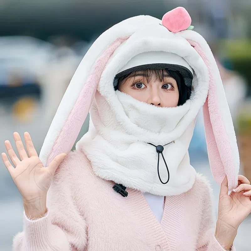 Cartoon Rabbit Ear Thermal Hat: Three-in-One Design, Cute and Warm, Perfect for Cycling and Skiing, Adorable All Winter Long!/beige