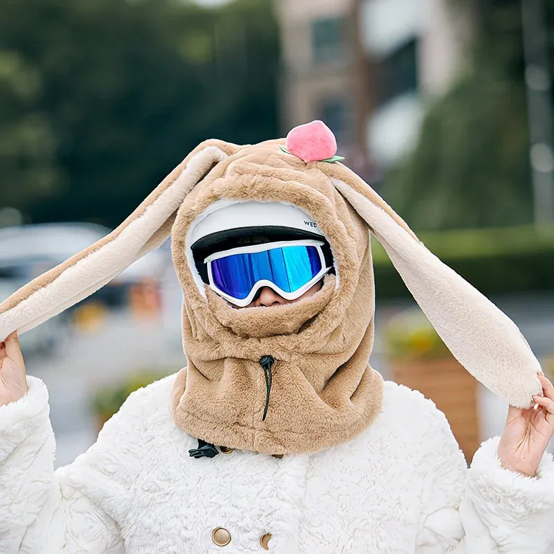 Cartoon Rabbit Ear Thermal Hat: Three-in-One Design, Cute and Warm, Perfect for Cycling and Skiing, Adorable All Winter Long!/beige