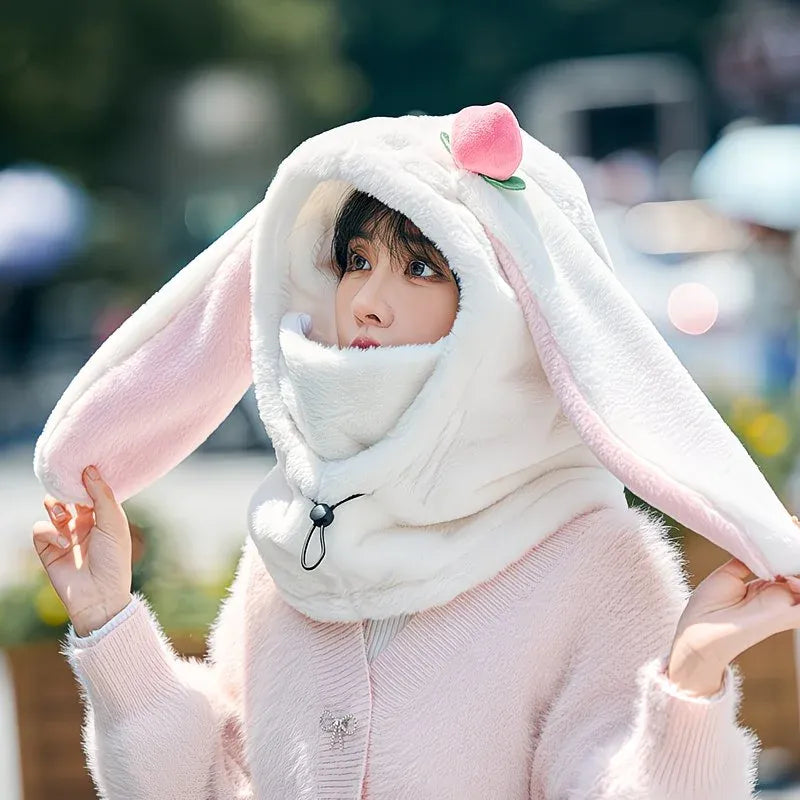 Cartoon Rabbit Ear Thermal Hat: Three-in-One Design, Cute and Warm, Perfect for Cycling and Skiing, Adorable All Winter Long!/PINK