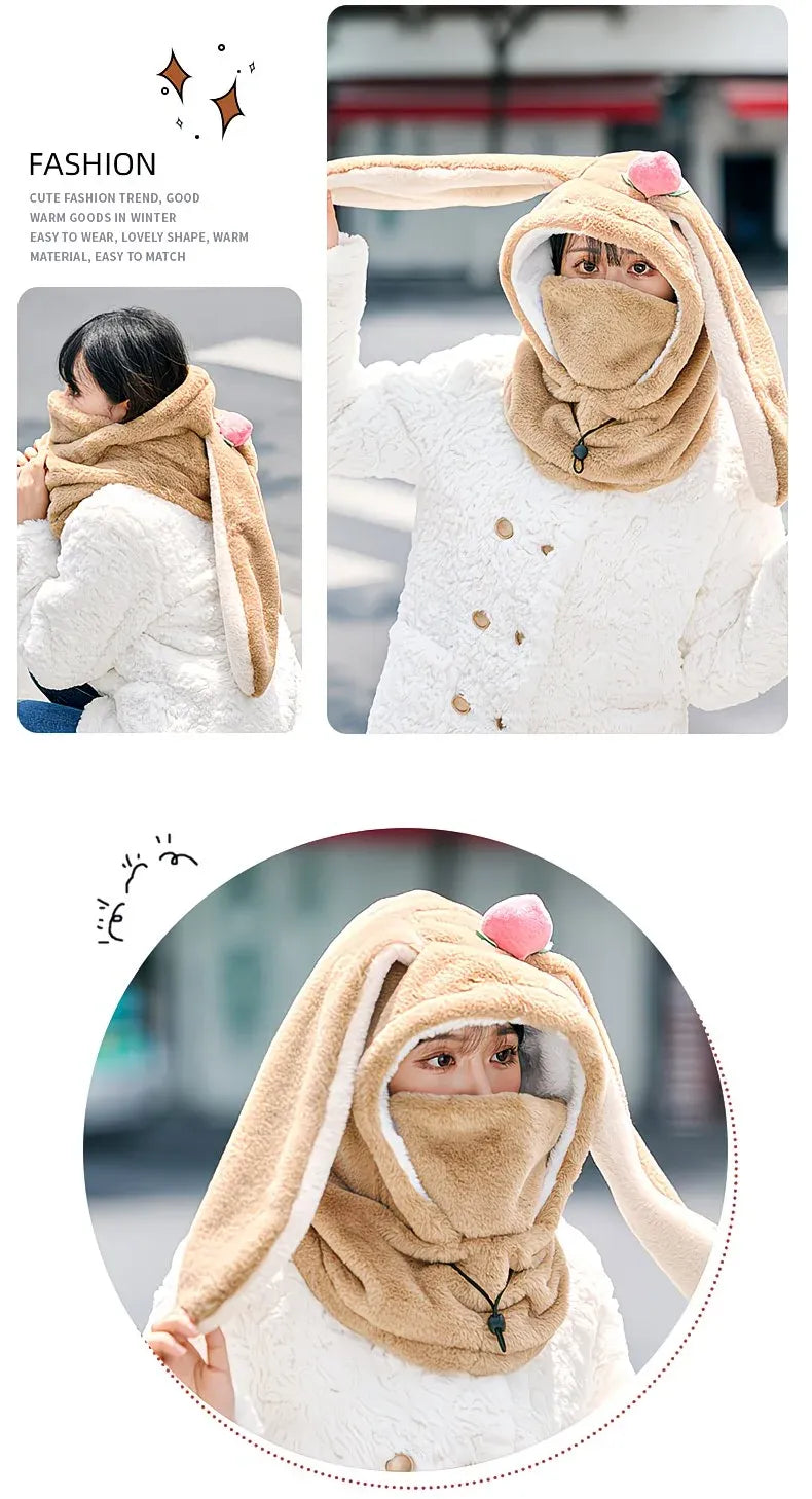 Cartoon Rabbit Ear Thermal Hat: Three-in-One Design, Cute and Warm, Perfect for Cycling and Skiing, Adorable All Winter Long!/PINK