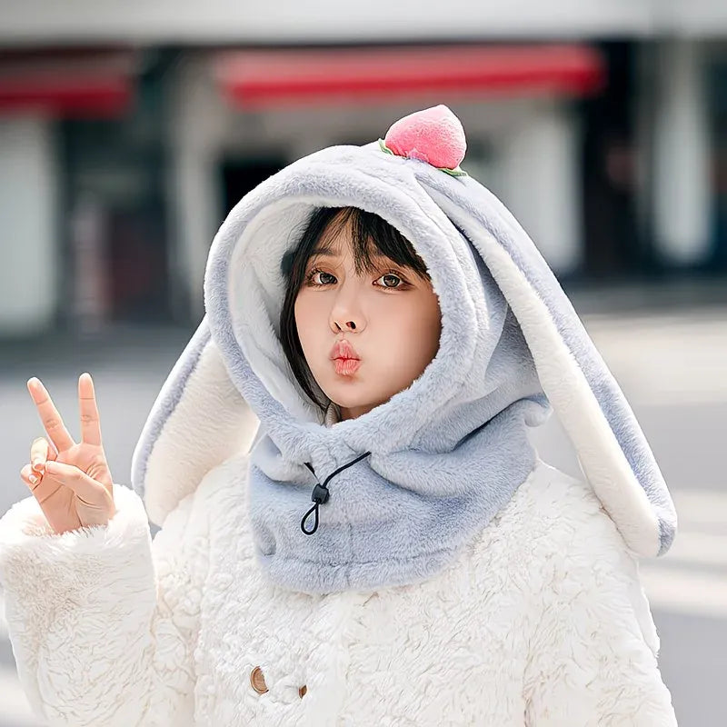 Cartoon Rabbit Ear Thermal Hat: Three-in-One Design, Cute and Warm, Perfect for Cycling and Skiing, Adorable All Winter Long!/PINK