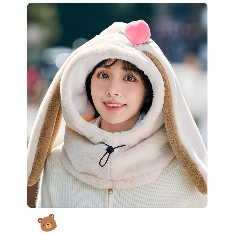 Cartoon Rabbit Ear Thermal Hat: Three-in-One Design, Cute and Warm, Perfect for Cycling and Skiing, Adorable All Winter Long!/PINK