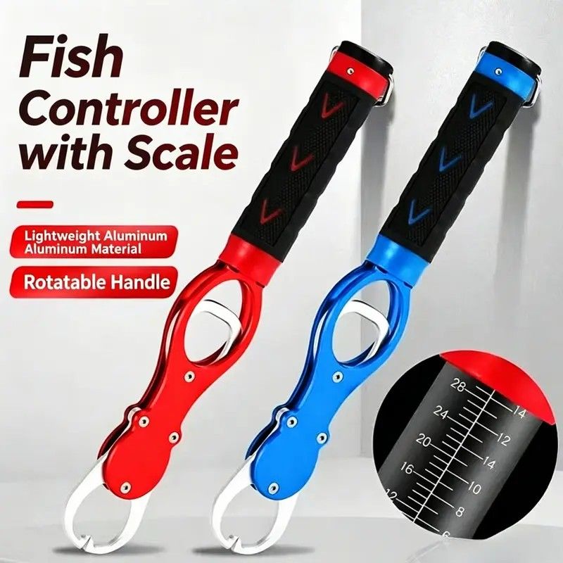 Aluminum Alloy Fish Control & Weighing Tool – Curved Jaw Anti-slip Lock, 18KG Instant Reading Scale（red)