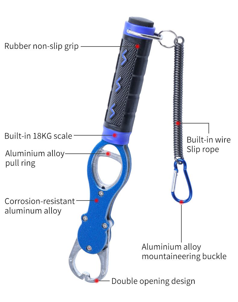 Aluminum Alloy Fish Control & Weighing Tool – Curved Jaw Anti-slip Lock, 18KG Instant Reading Scale(BLUE)