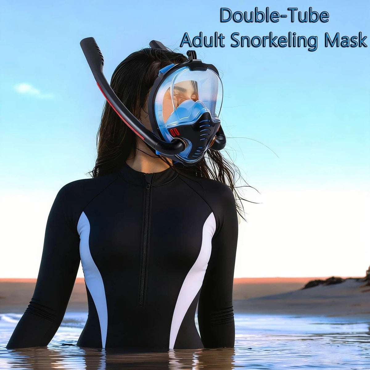 Adult Full Face Snorkel Mask Dual Tube 180° Panoramic Anti-Fog, Unisex Snorkelling Gear for Outdoor Water Sports S/M.black+blue