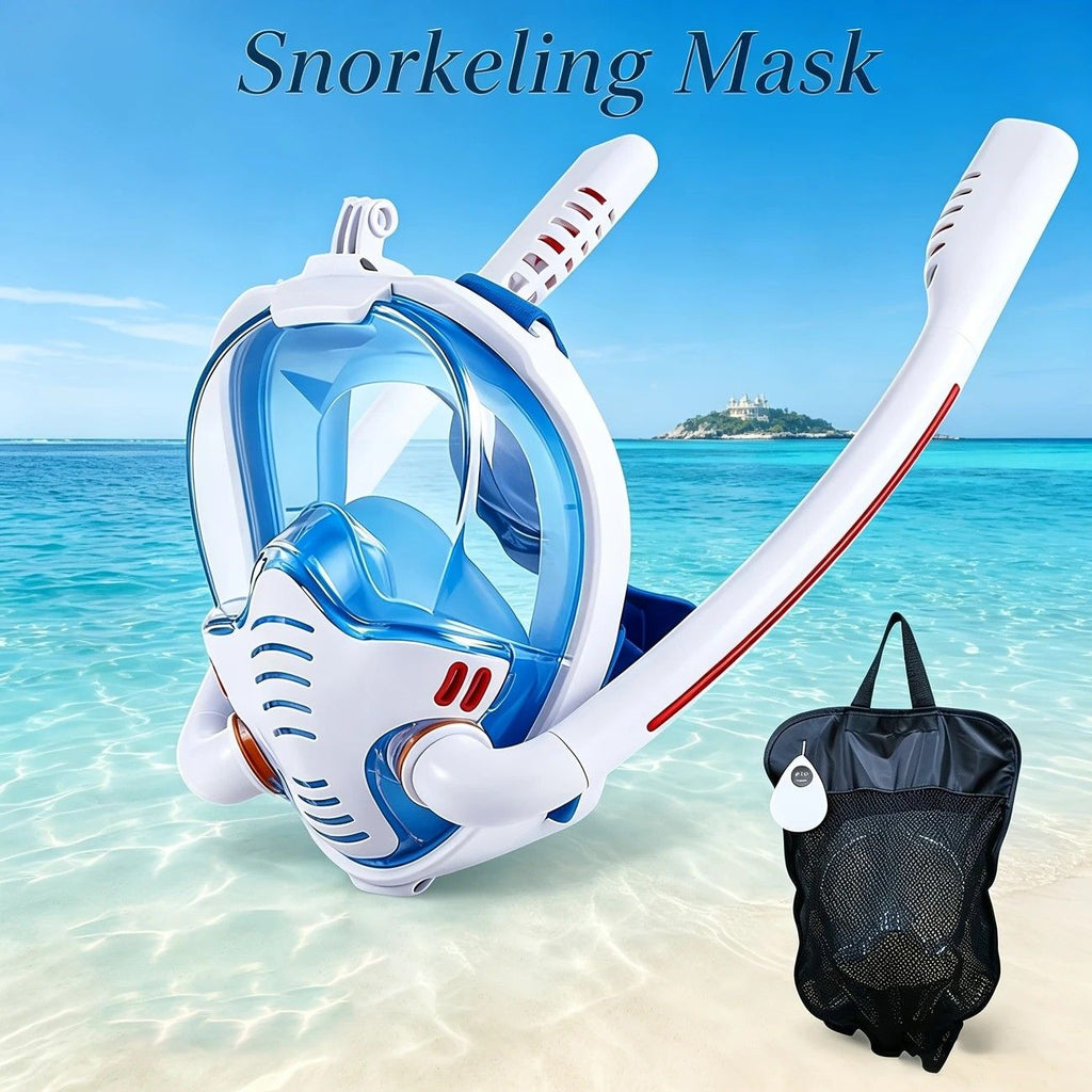 Adult Full Face Snorkel Mask Dual Tube 180° Panoramic Anti-Fog, Unisex Snorkelling Gear for Outdoor Water Sports S/M.white+blue