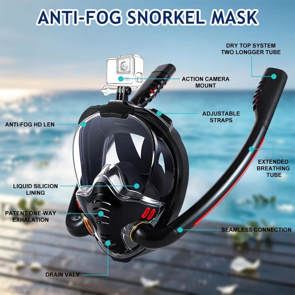 Adult Full Face Snorkel Mask Dual Tube 180° Panoramic Anti-Fog, Unisex Snorkelling Gear for Outdoor Water Sports S/M.white+blue