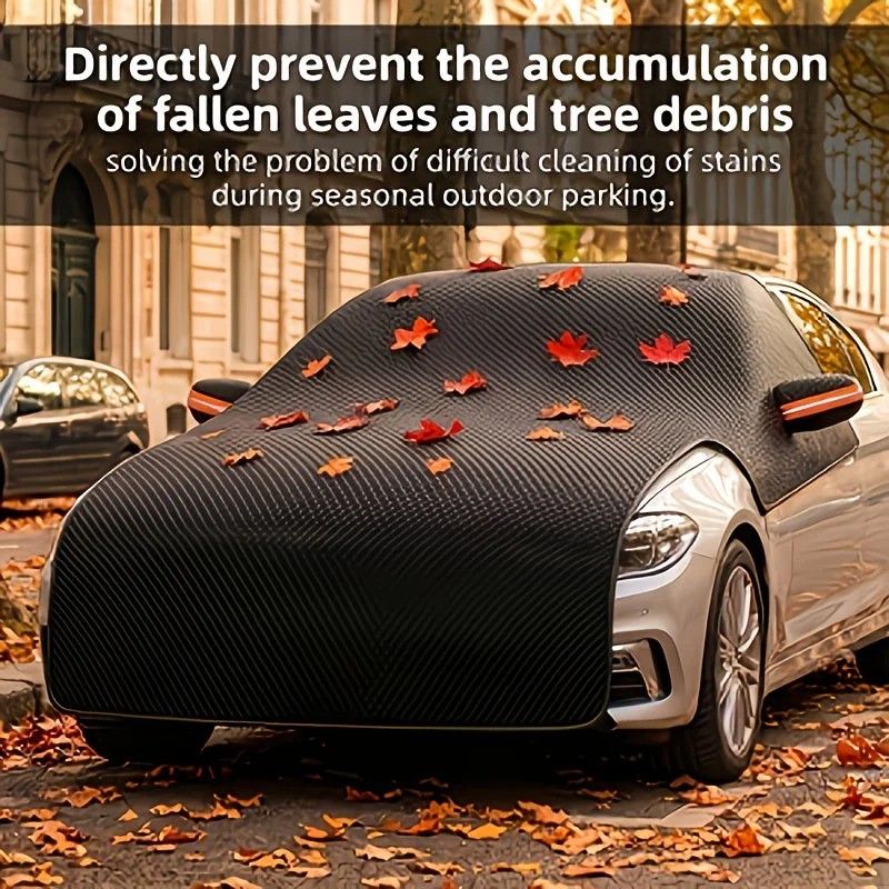 All-season universal semi car cover with portable design, compatible with various vehicle models. Effectively blocks sunlight, prevents snow and falling leaves. Enjoy an extra 10 minutes of sleep every day. Hassle-free car protection all year round.