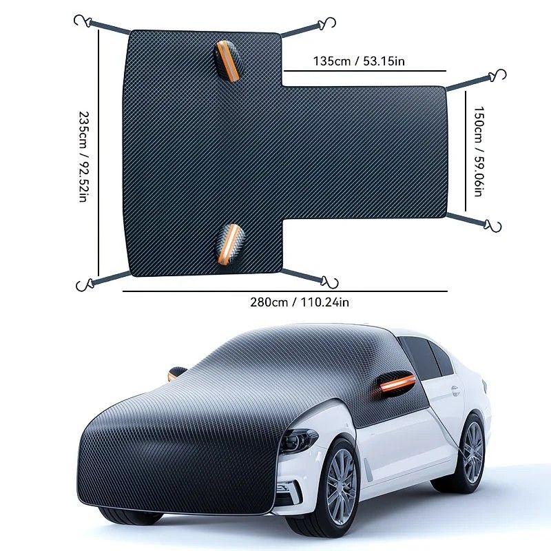 All-season universal semi car cover with portable design, compatible with various vehicle models. Effectively blocks sunlight, prevents snow and falling leaves. Enjoy an extra 10 minutes of sleep every day. Hassle-free car protection all year round.