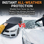 All-season universal semi car cover with portable design, compatible with various vehicle models. Effectively blocks sunlight, prevents snow and falling leaves. Enjoy an extra 10 minutes of sleep every day. Hassle-free car protection all year round.