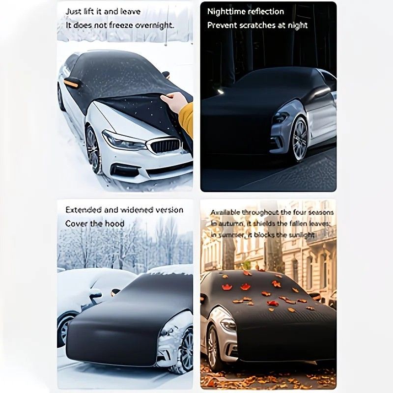 All-season universal semi car cover with portable design, compatible with various vehicle models. Effectively blocks sunlight, prevents snow and falling leaves. Enjoy an extra 10 minutes of sleep every day. Hassle-free car protection all year round.