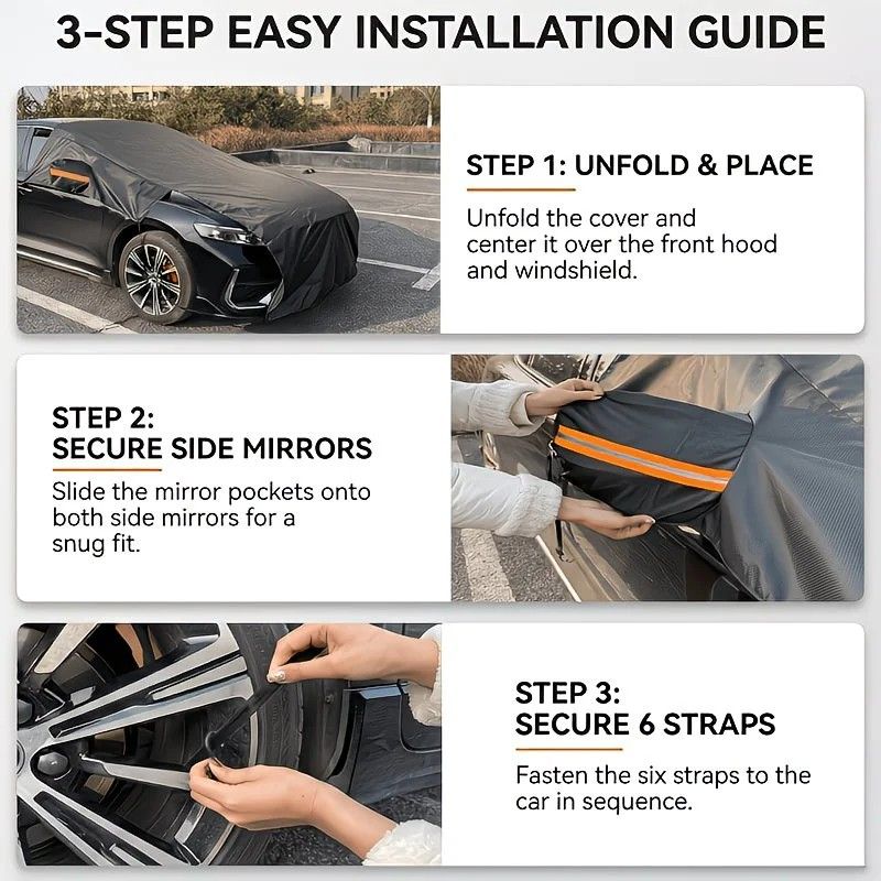 All-season universal semi car cover with portable design, compatible with various vehicle models. Effectively blocks sunlight, prevents snow and falling leaves. Enjoy an extra 10 minutes of sleep every day. Hassle-free car protection all year round.